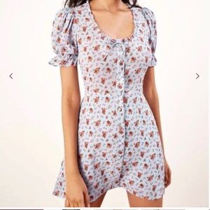 Reformation “Page” Light Blue Mini Dress w. Pink & Burgundy Micro Florals Print